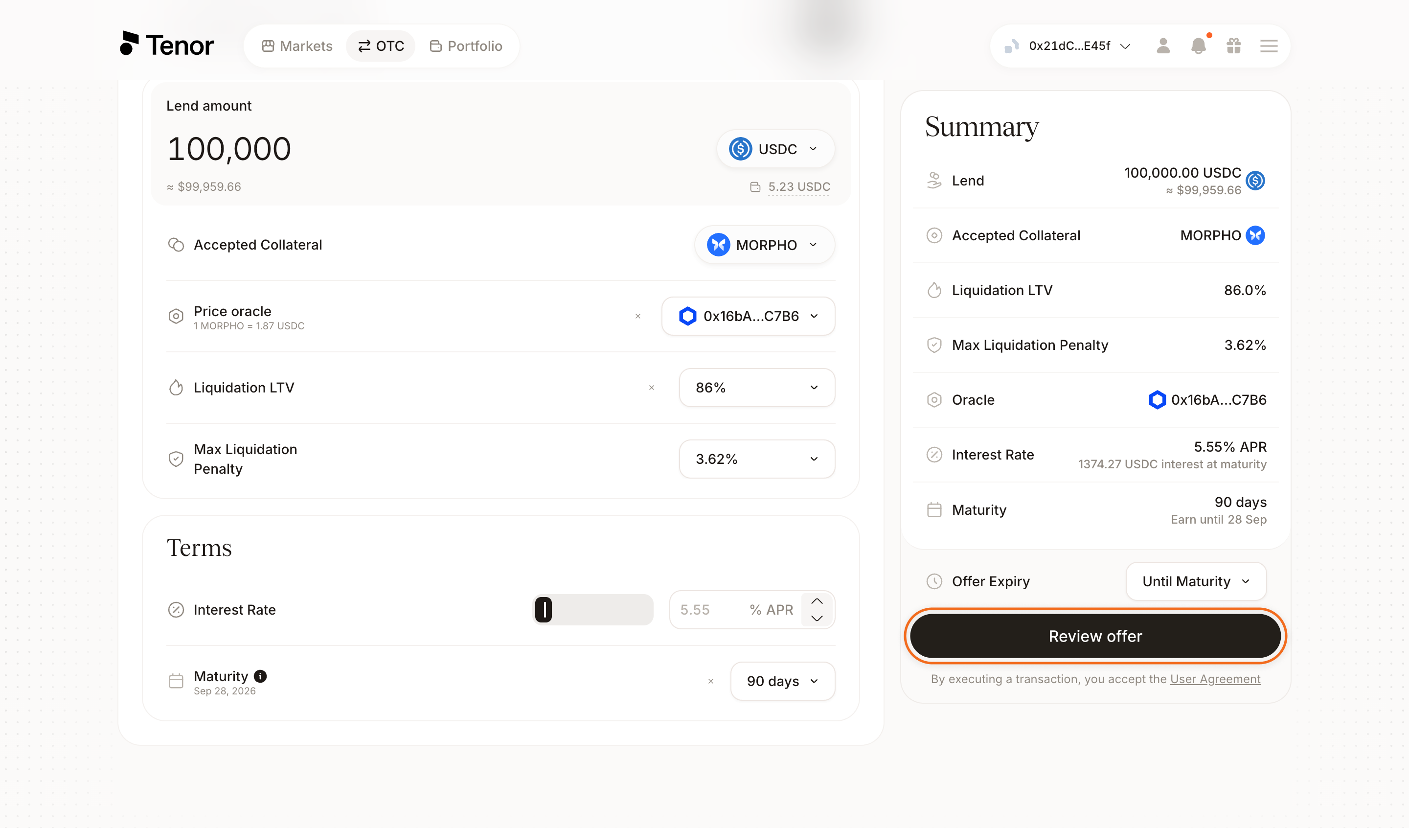 Terms section with the interest rate and maturity fields and the Review offer button highlighted
