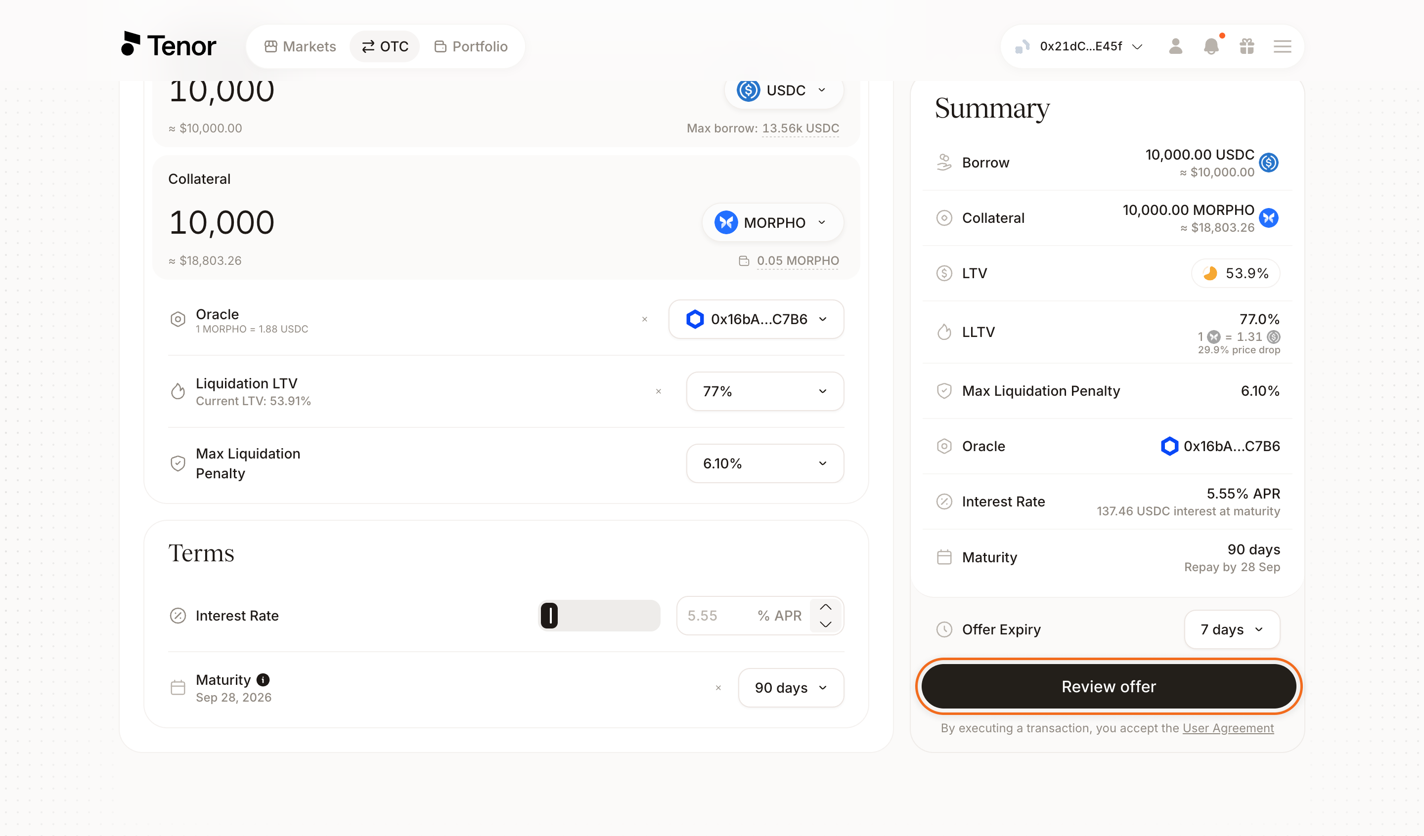 Terms section with the interest rate and maturity fields and the Review offer button highlighted