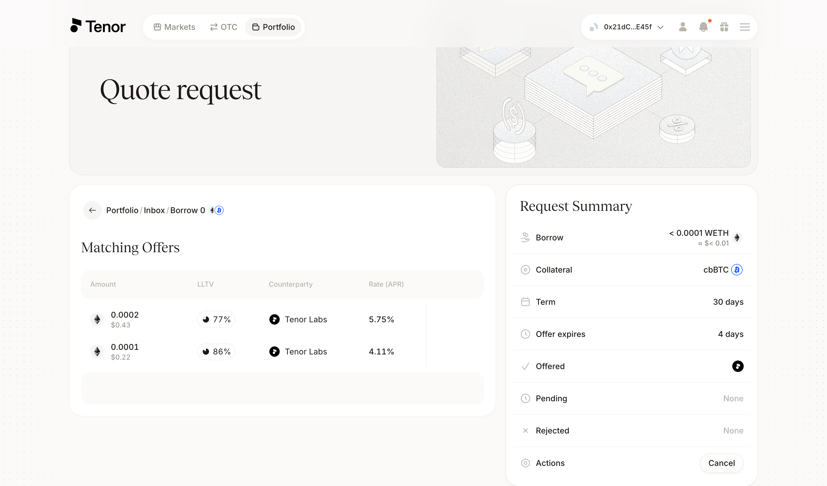 Quote request page with the Matching Offers table and the Request Summary panel
