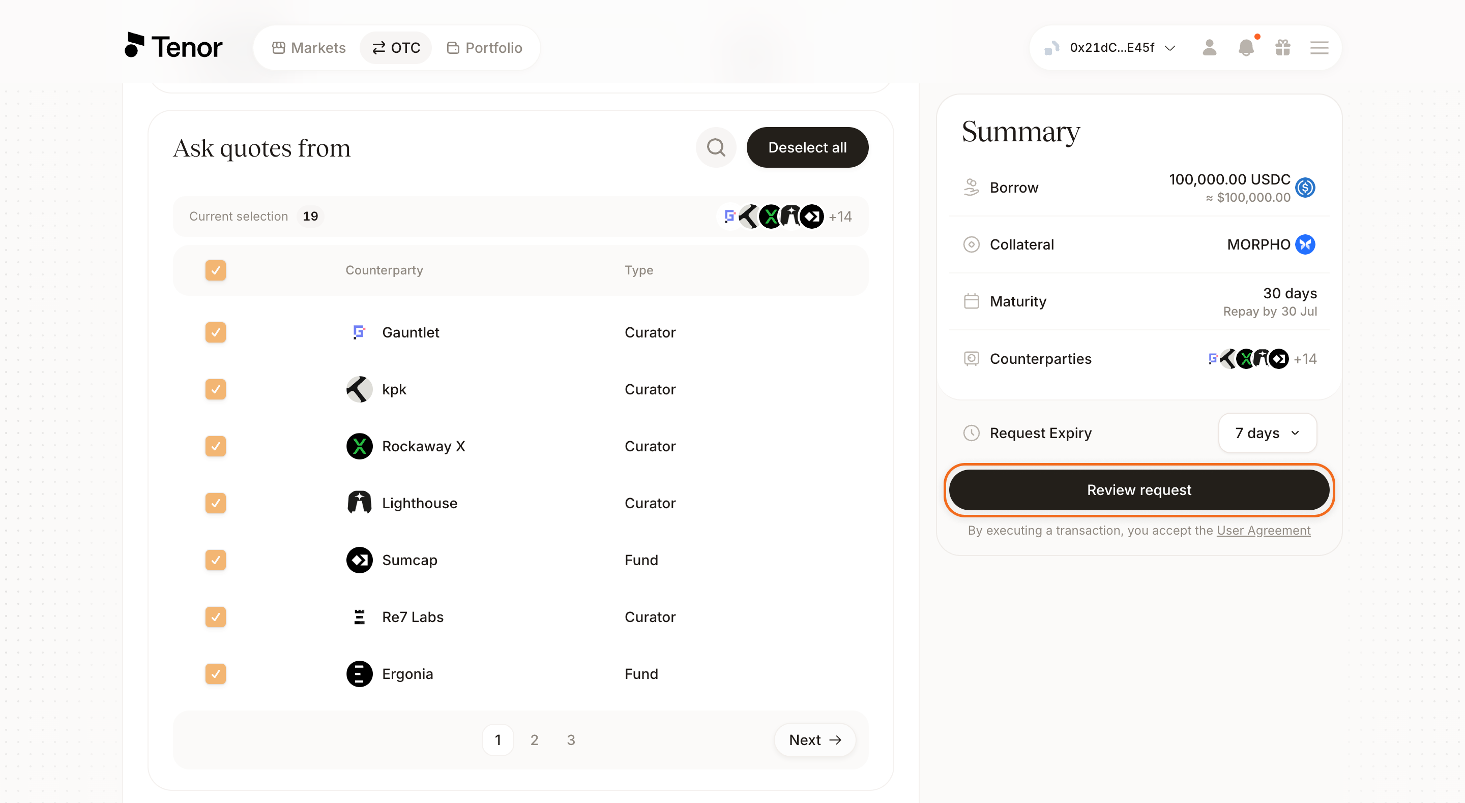 Counterparty selection list with the Review request button highlighted