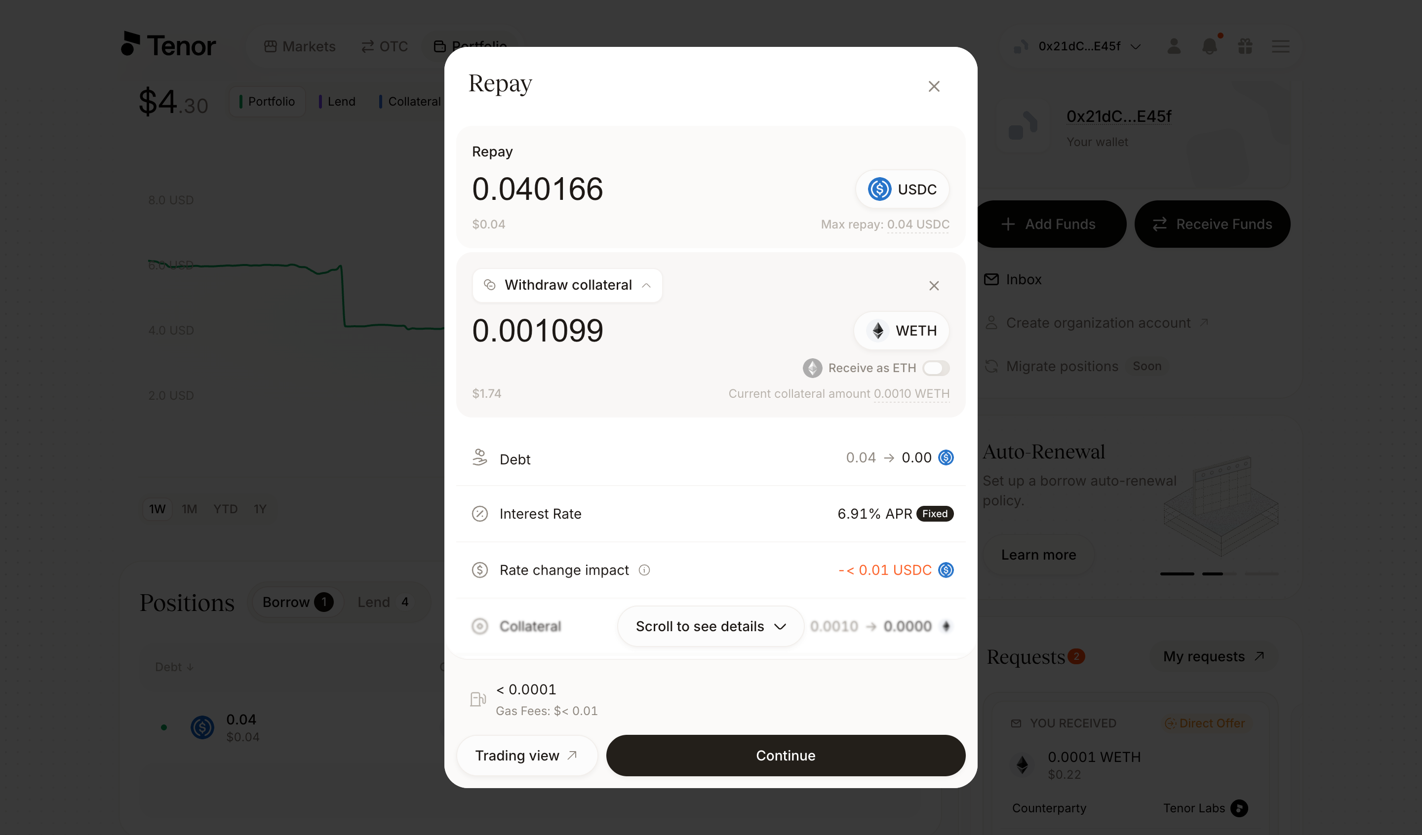 The Repay window with the repay amount field, the updated debt, interest rate, and collateral details.