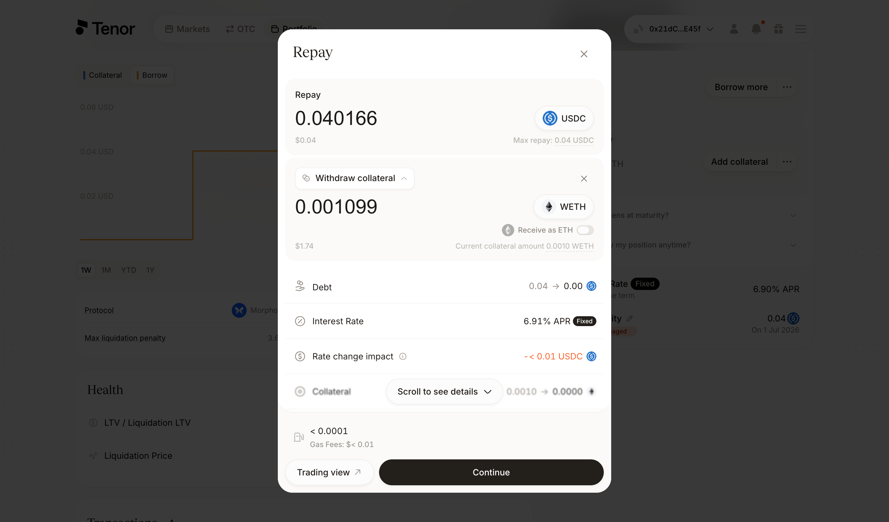 The Repay window over the position page with the repay amount field, the updated debt, interest rate, and collateral details.