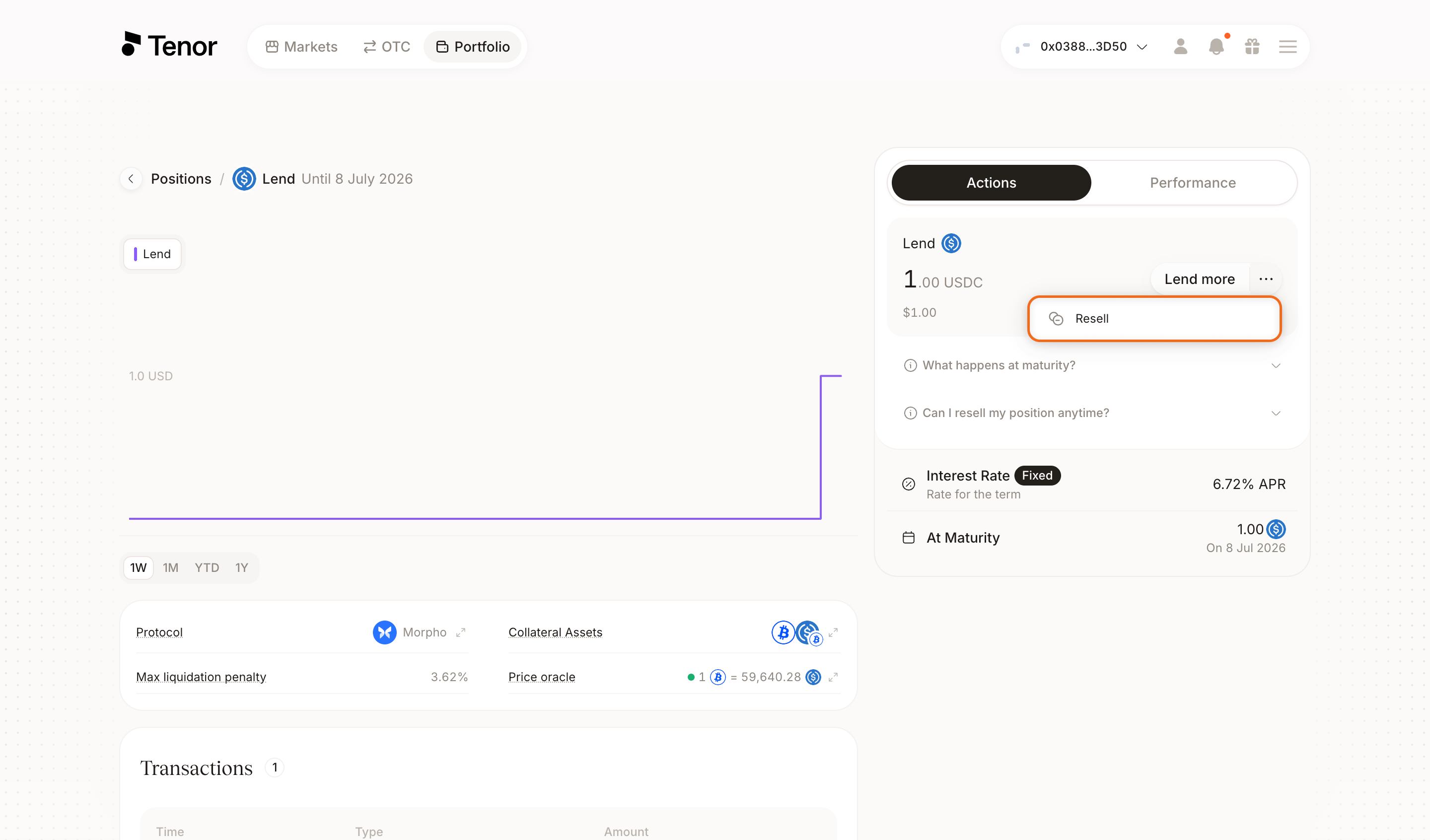 The position detail page with the Lend section menu open and Resell highlighted.