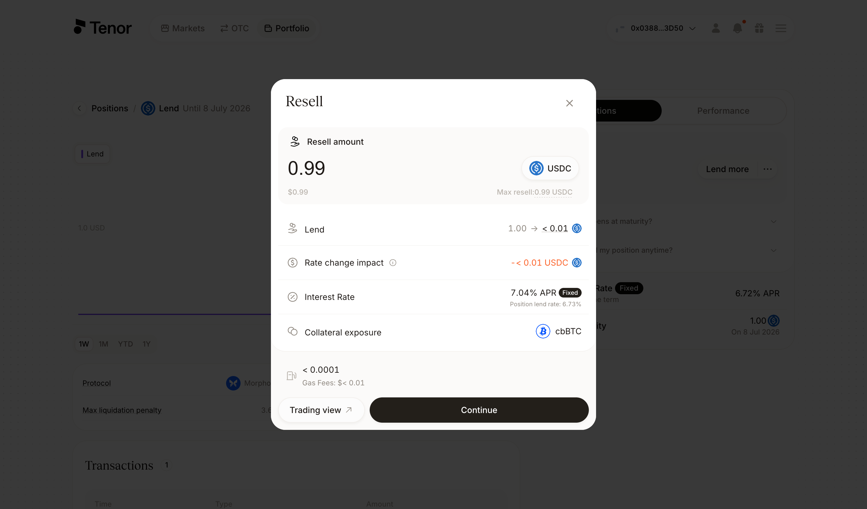 The Resell window over the position page with the resell amount field, the updated lend balance, rate change impact, interest rate, and collateral exposure details.