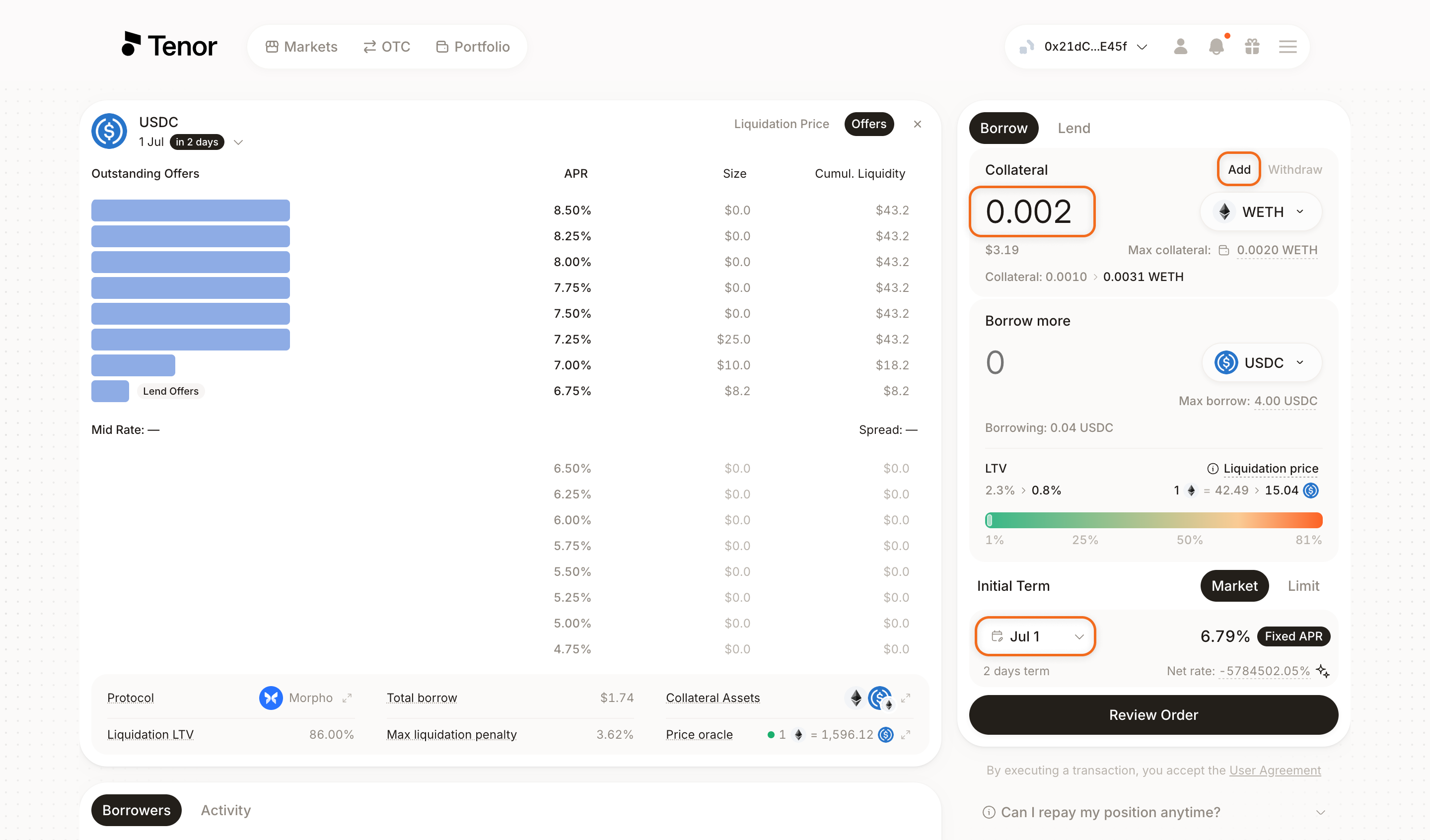 The Markets borrow component with the term selector, the Add tab, and the collateral amount field highlighted.