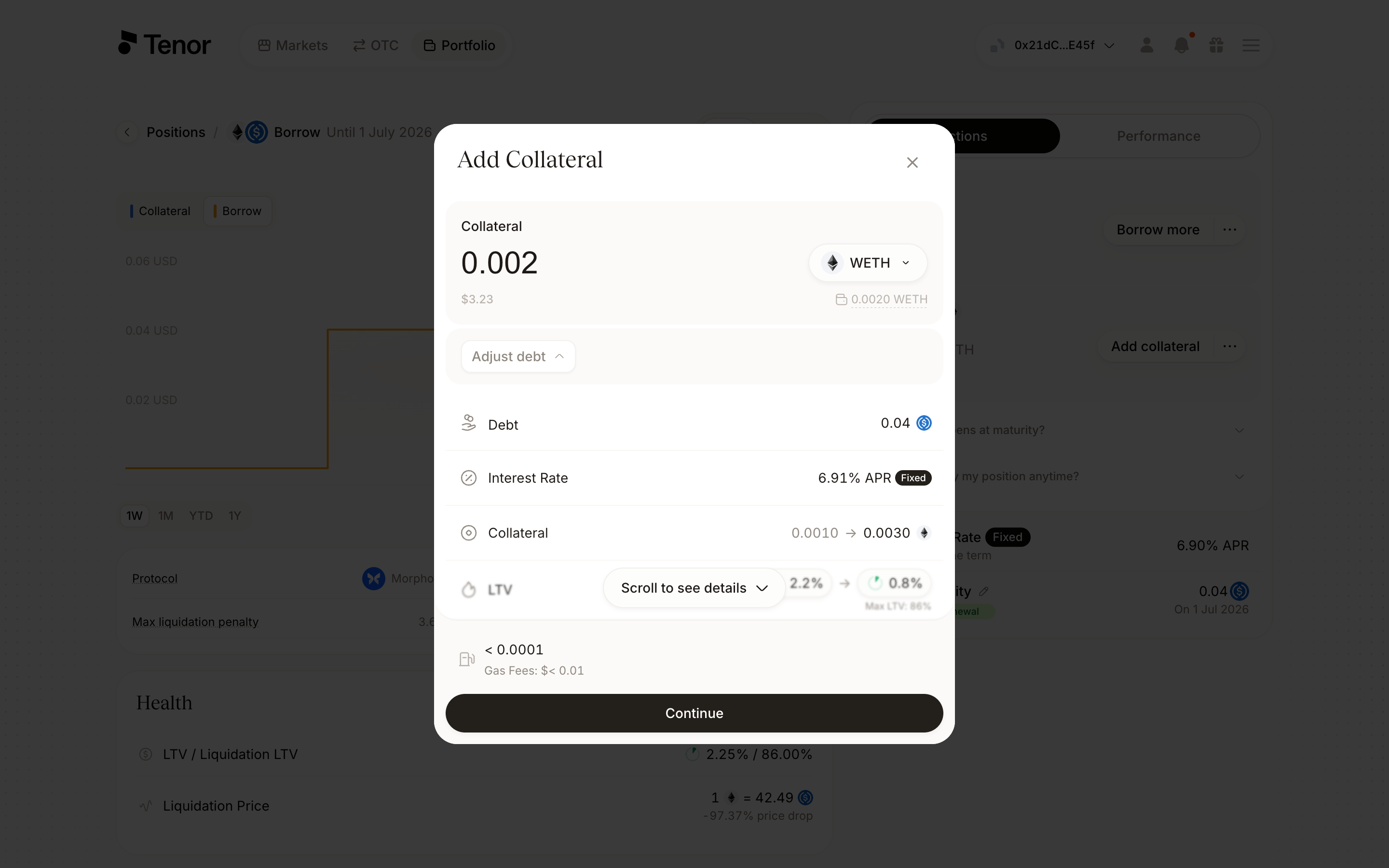 The Add Collateral window with the collateral amount field.