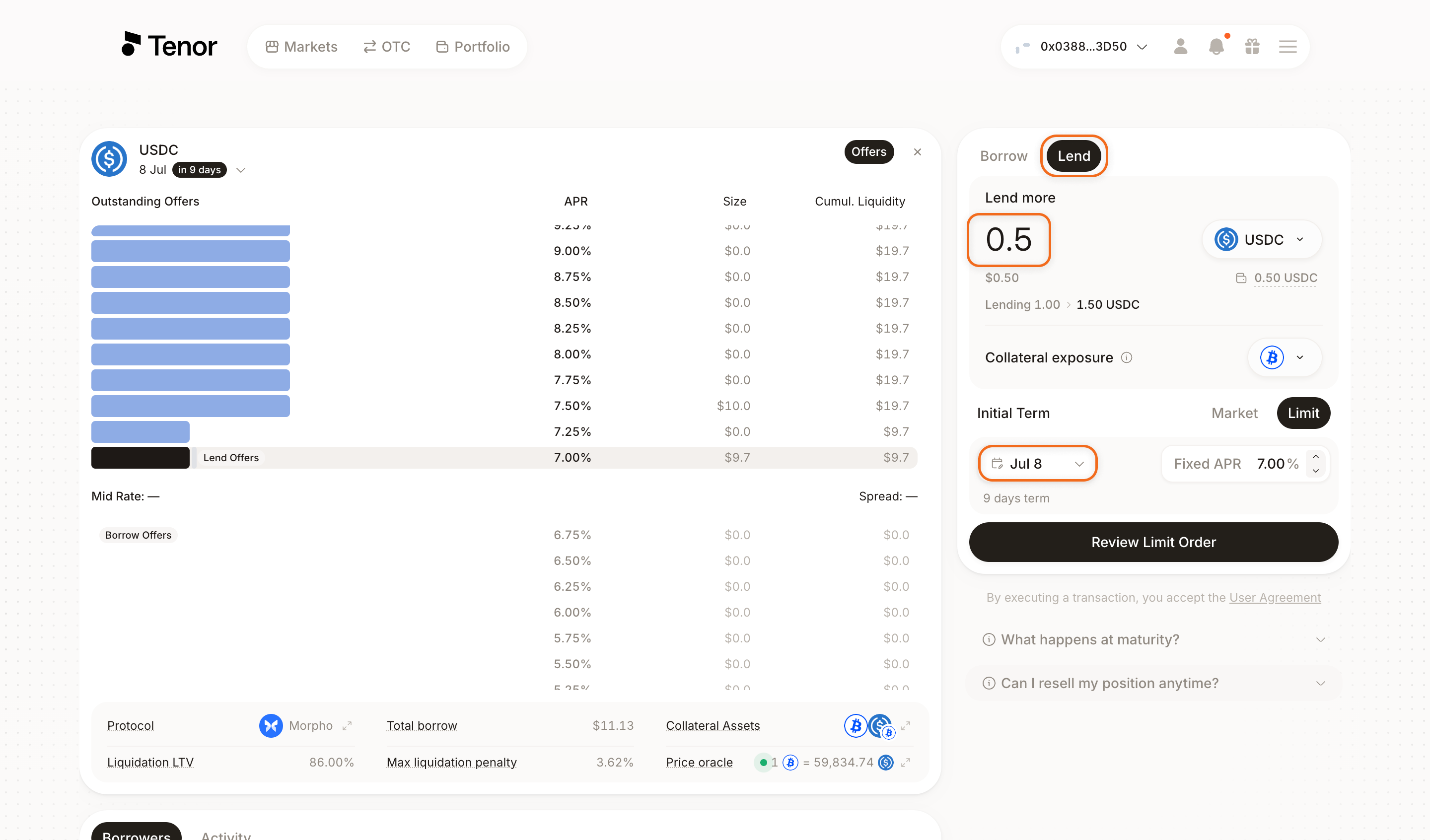 The Markets Lend component with the Lend tab, the Lend more amount field, and the term selector highlighted.