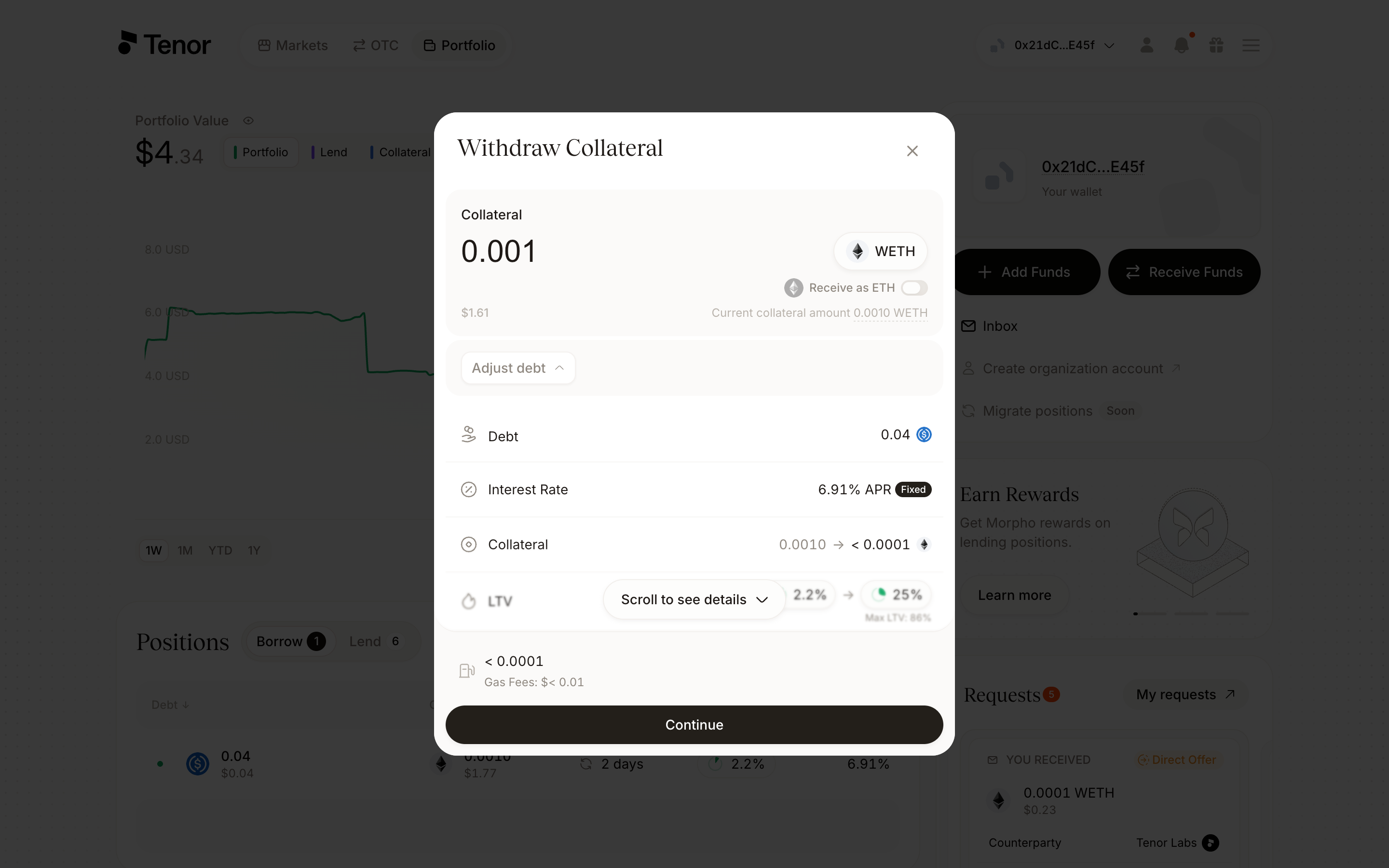 The Withdraw Collateral window with the collateral amount field.