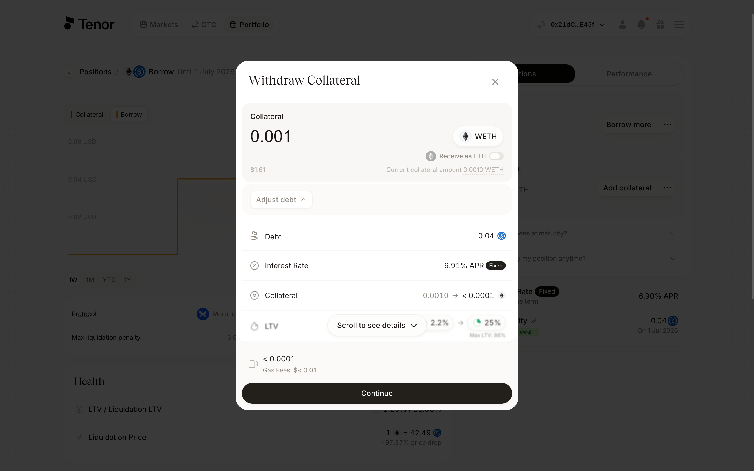 The Withdraw Collateral window with the collateral amount field.