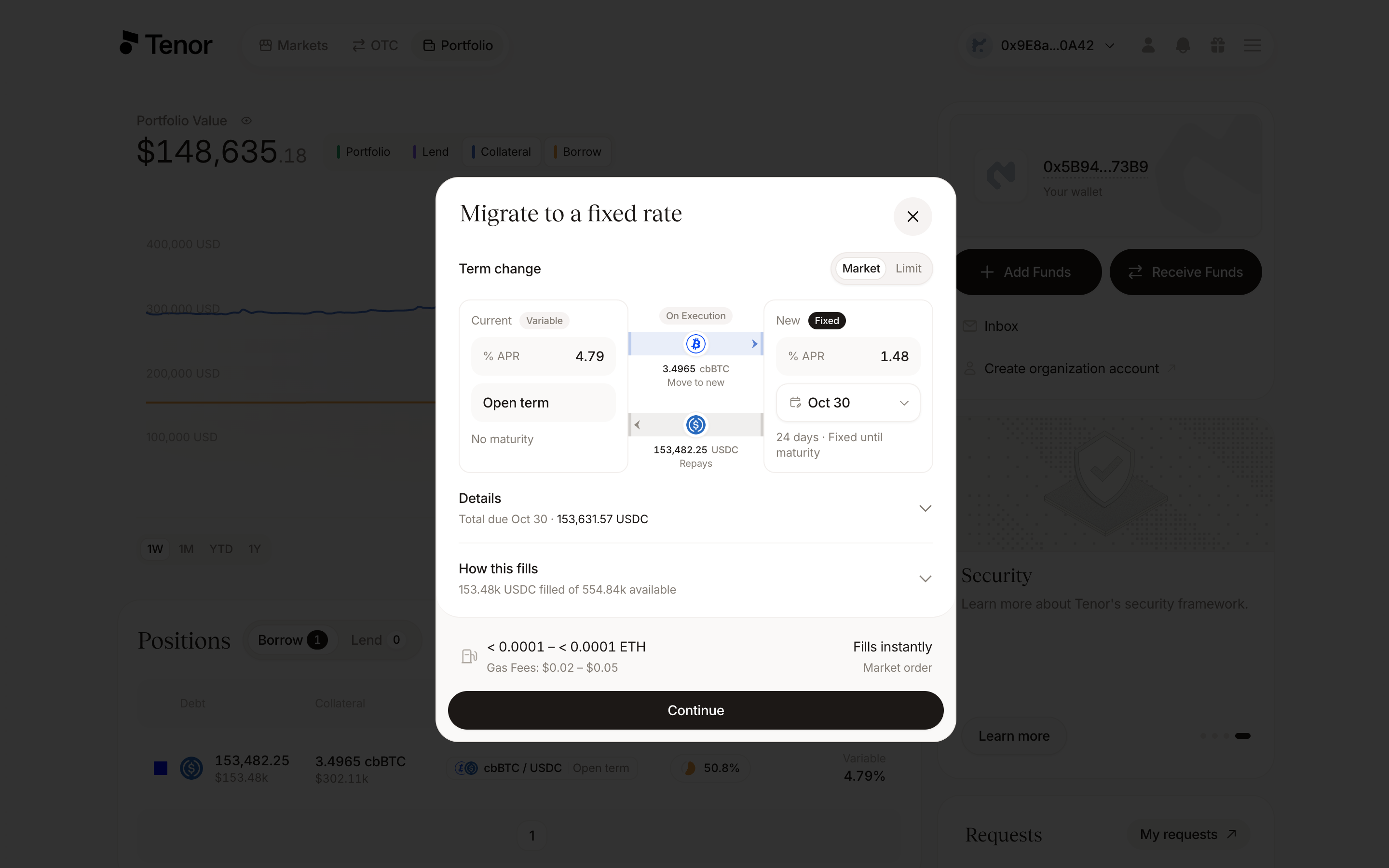 The Migrate to fixed rate window showing the current variable-rate position, the term selector, and the new fixed rate.